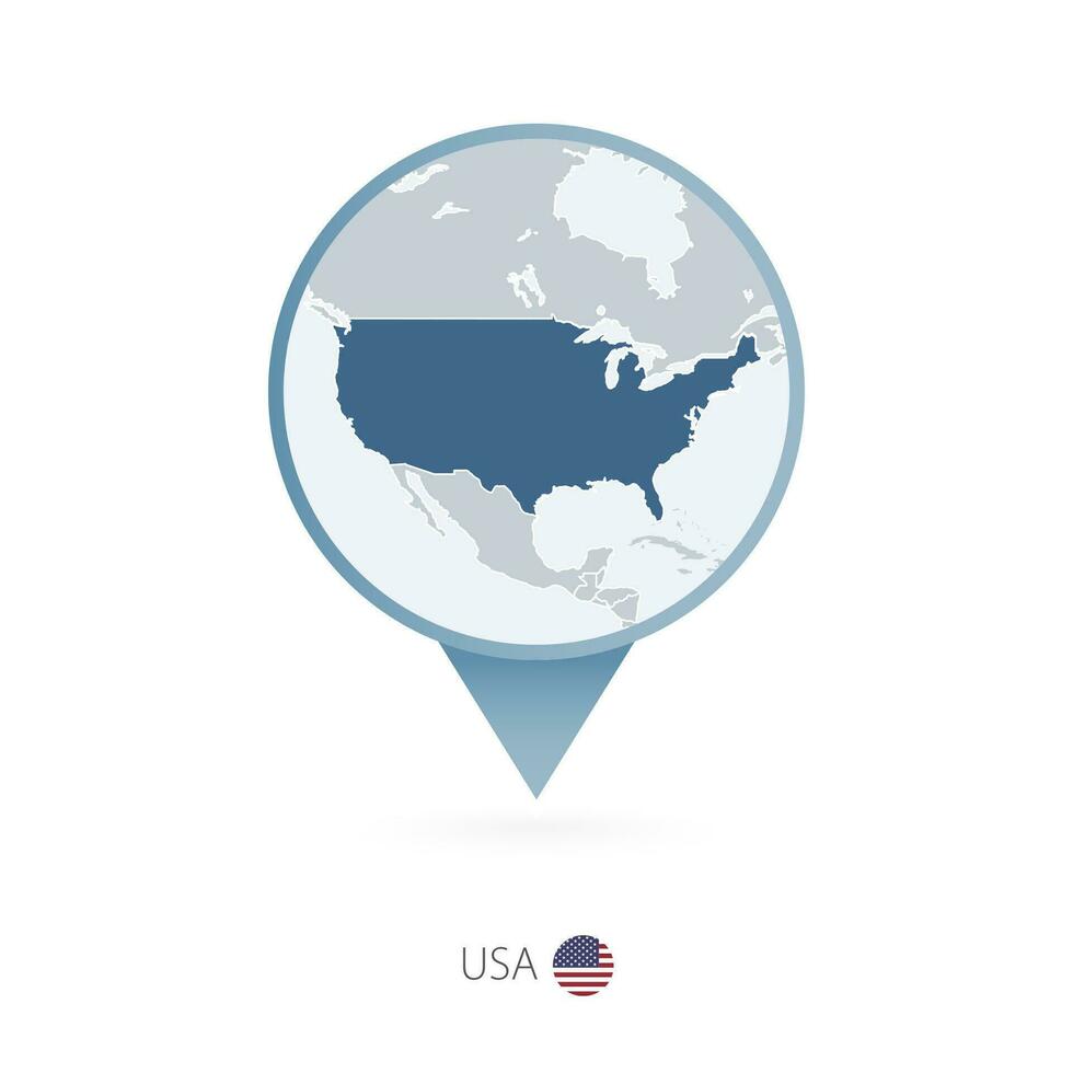 Map pin with detailed map of United States of America and neighboring countries. vector