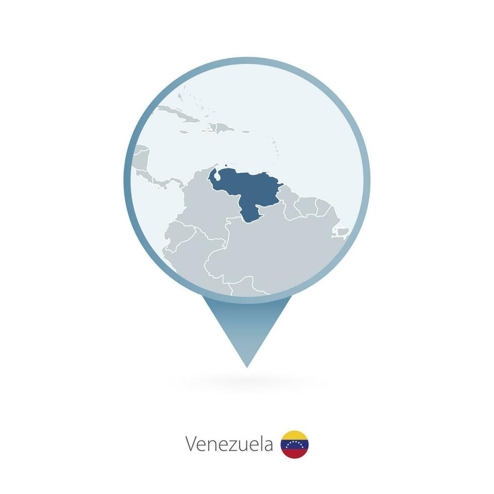 Map pin with detailed map of Venezuela and neighboring countries. vector