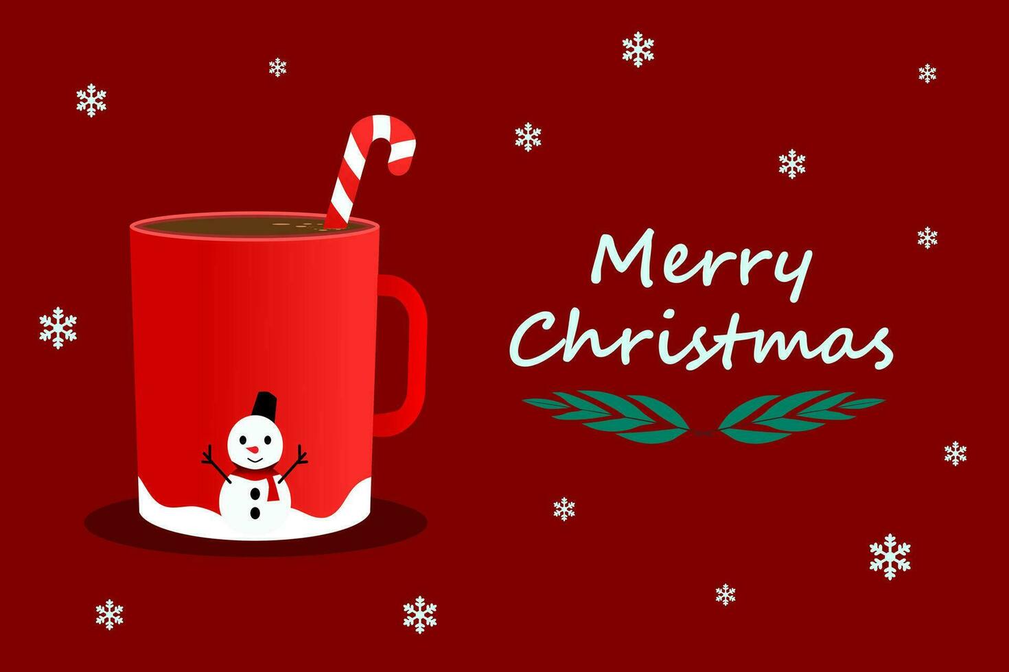 A cup of coffee with Christmas candy stick and snow on red background. Hot drink smell of Christmas. Vector illustration.