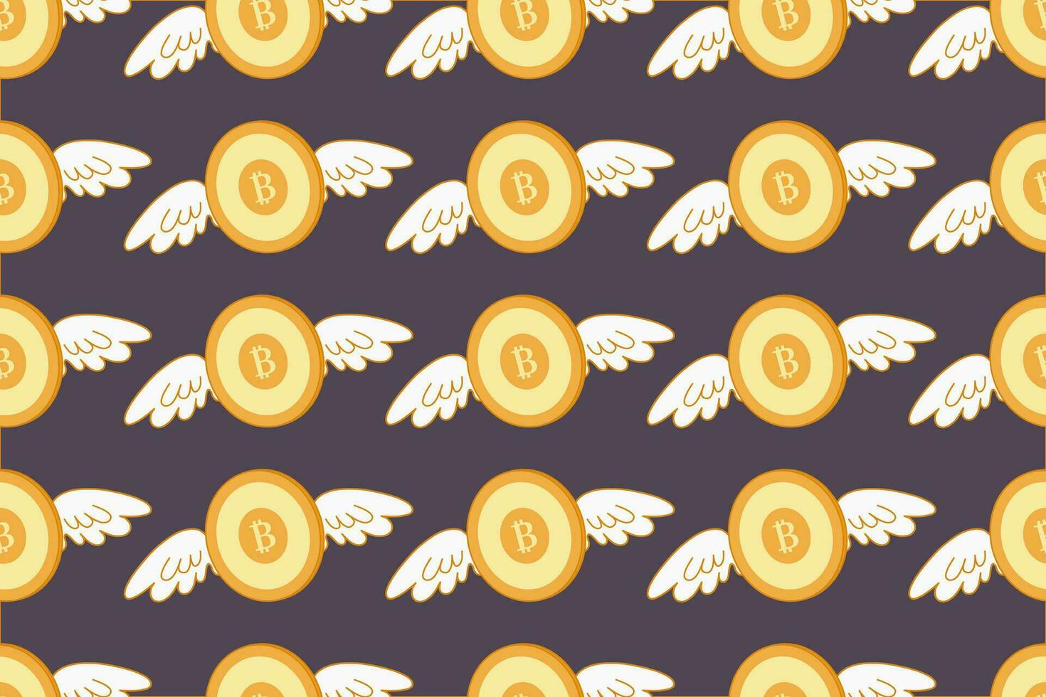 Bitcoin with wings seamless pattern. Background with flying bitcoin. Gold symbols of bitcoin. Template for packing, design, wallpaper, vector illustration.