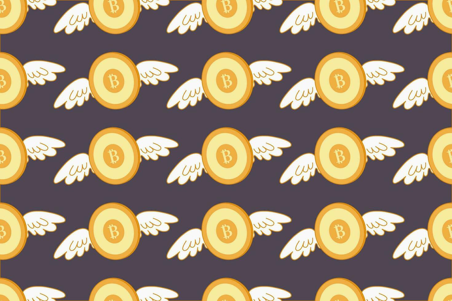 Bitcoin with wings seamless pattern. Background with flying bitcoin. Gold symbols of bitcoin. Template for packing, design, wallpaper, vector illustration.