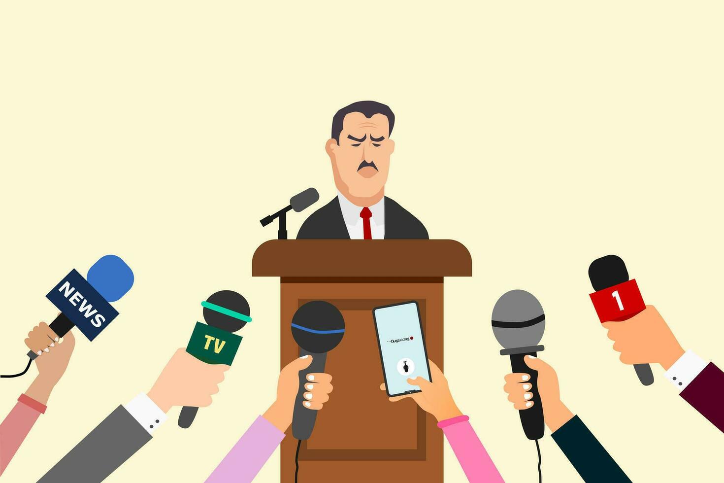 Press conference concept. Man speaking to audience. Journalist or press media hands with microphones and smartphone. Vector illustration.