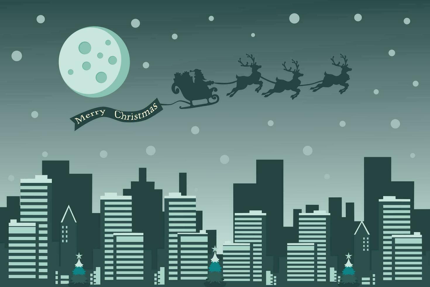 Merry Christmas background with Santa Claus flying on the sky in sleigh with reindeer at night with full moon, snow, and City. vector illustration.