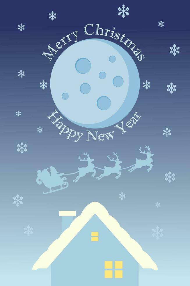 Merry Christmas background with Santa Claus flying on the sky in sleigh with reindeer at night with full moon, snow, and a house. Vertical vector illustration.