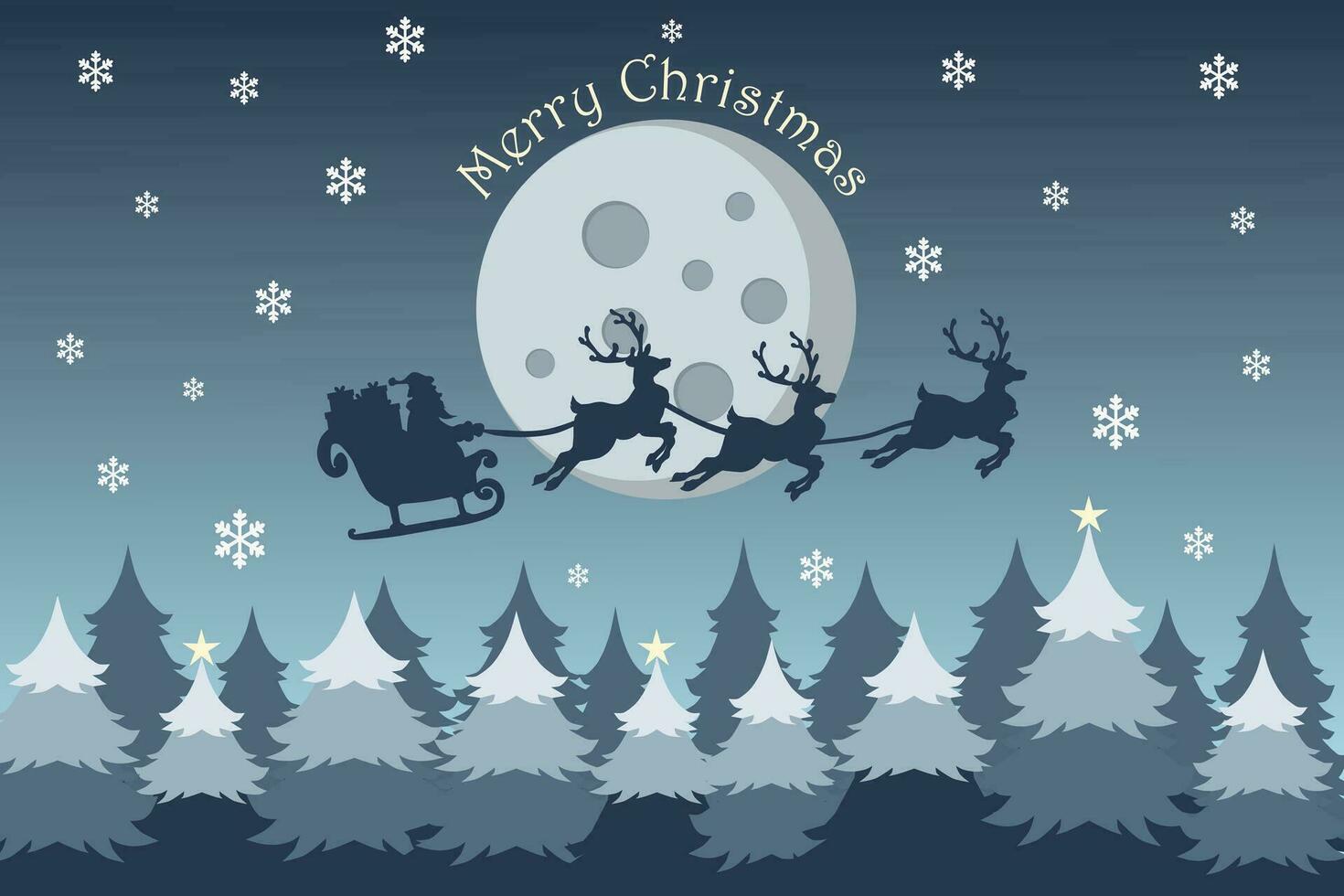 Merry Christmas background with Santa Claus flying on the sky in sleigh with reindeer at night with full moon, snow, and Christmas trees. vector illustration.