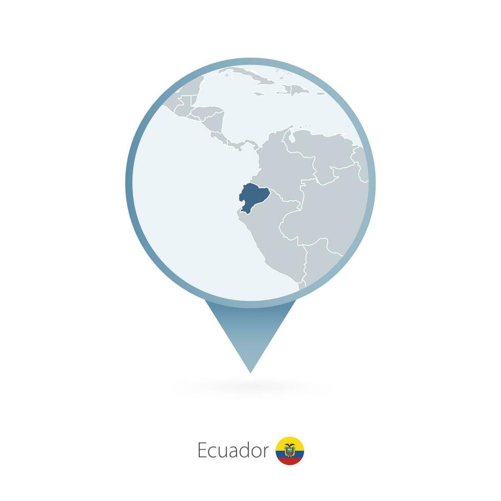 Map pin with detailed map of Ecuador and neighboring countries. vector