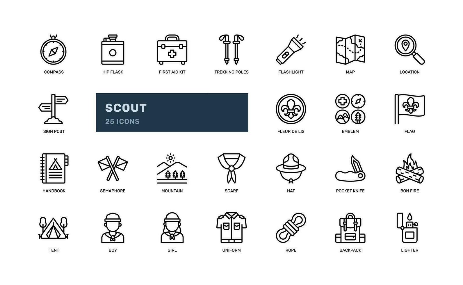 Scout young outdoor activity exploration adventure detailed outline line icon set vector