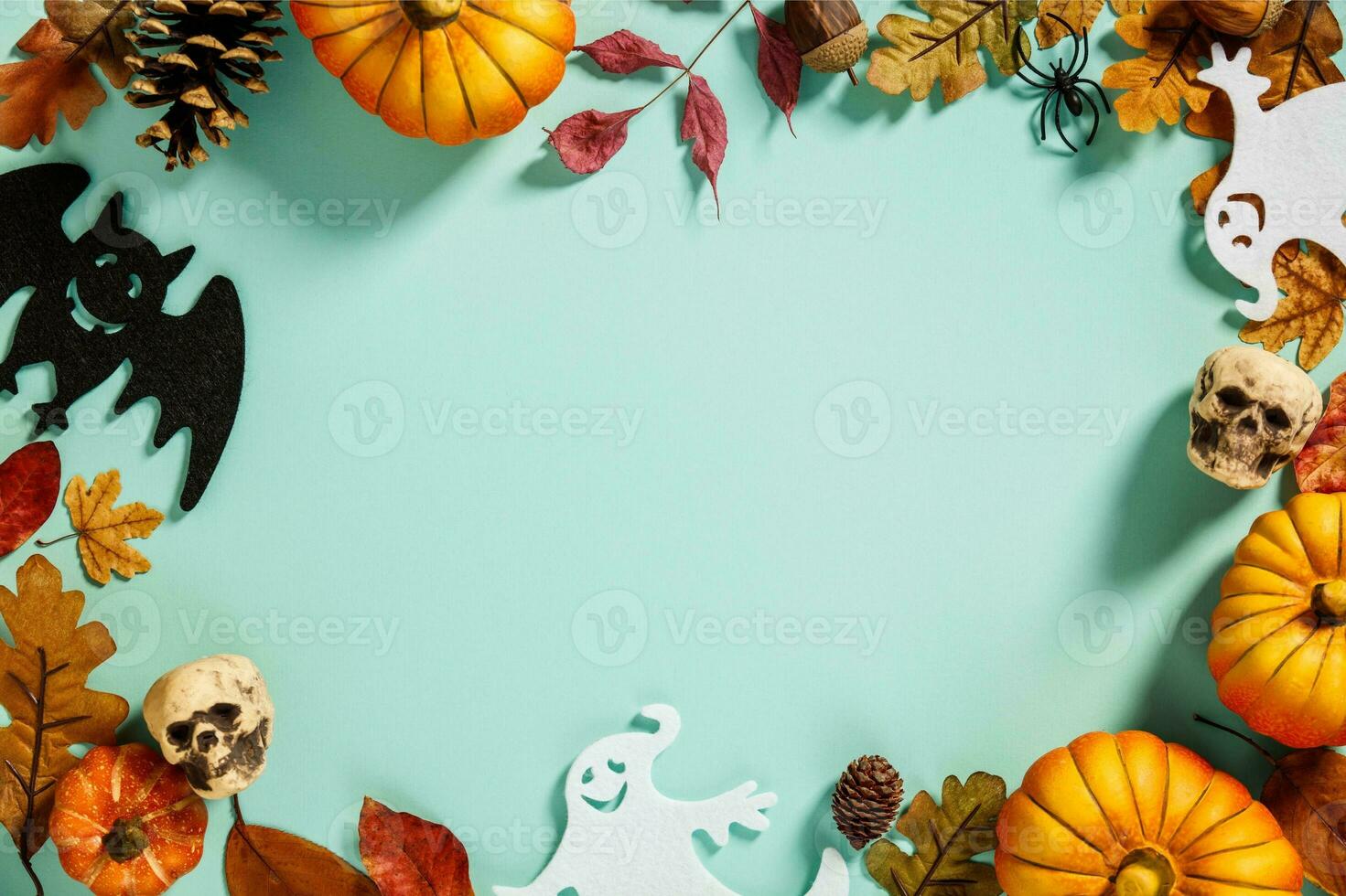 vistoso otoño floraciones y festivo decoraciones en un vacío comida mesa foto