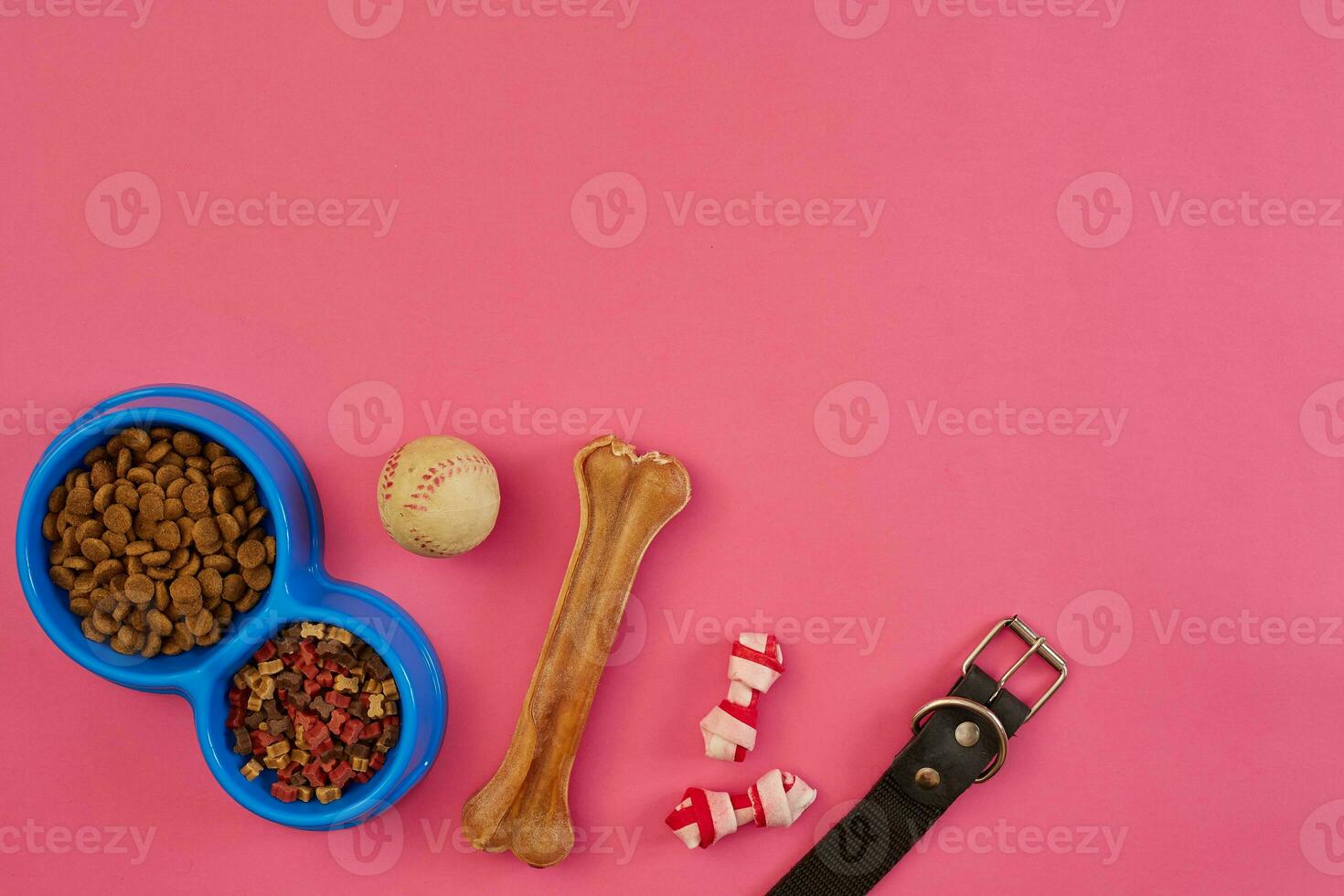 Dog snacks, dog chews, dog bone, ball toy for dog on a pink background with copy space photo