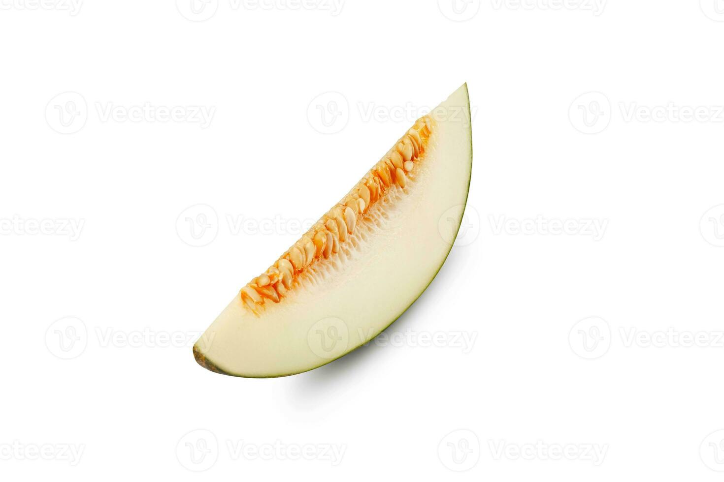 Slice of a delicious green tendral melon in cross-section, isolated on white background with copy space for text or images. Side view. Close-up shot. photo