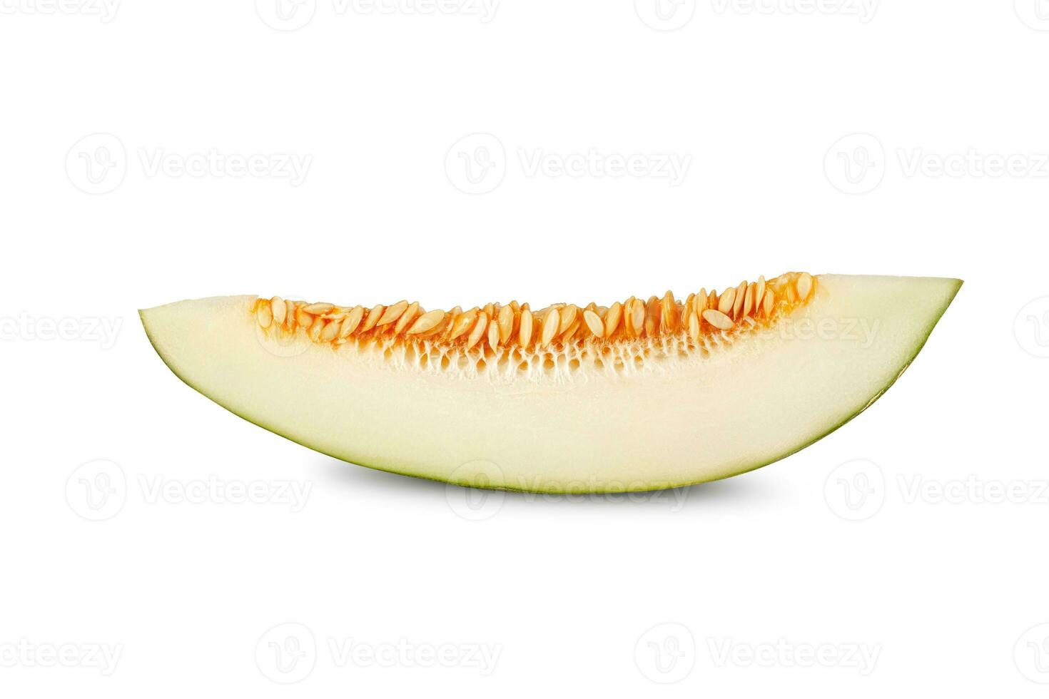 Slice of delicious green tendral melon in cross-section, isolated on white background with copy space for text or images. Side view. Close-up shot. photo