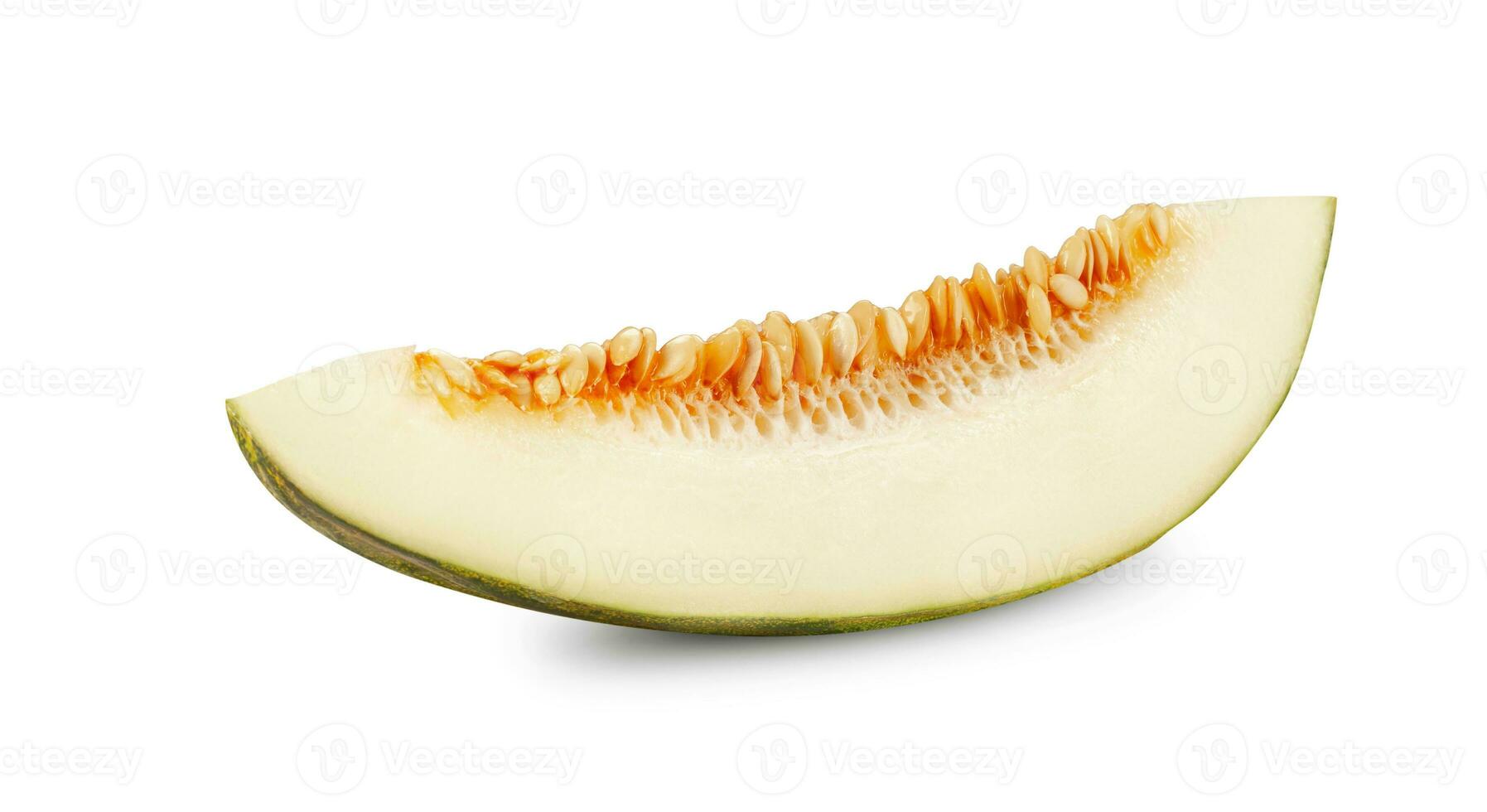 Slice of delicious green tendral melon in cross-section, isolated on white background with copy space for text or images. Side view. Close-up shot. photo