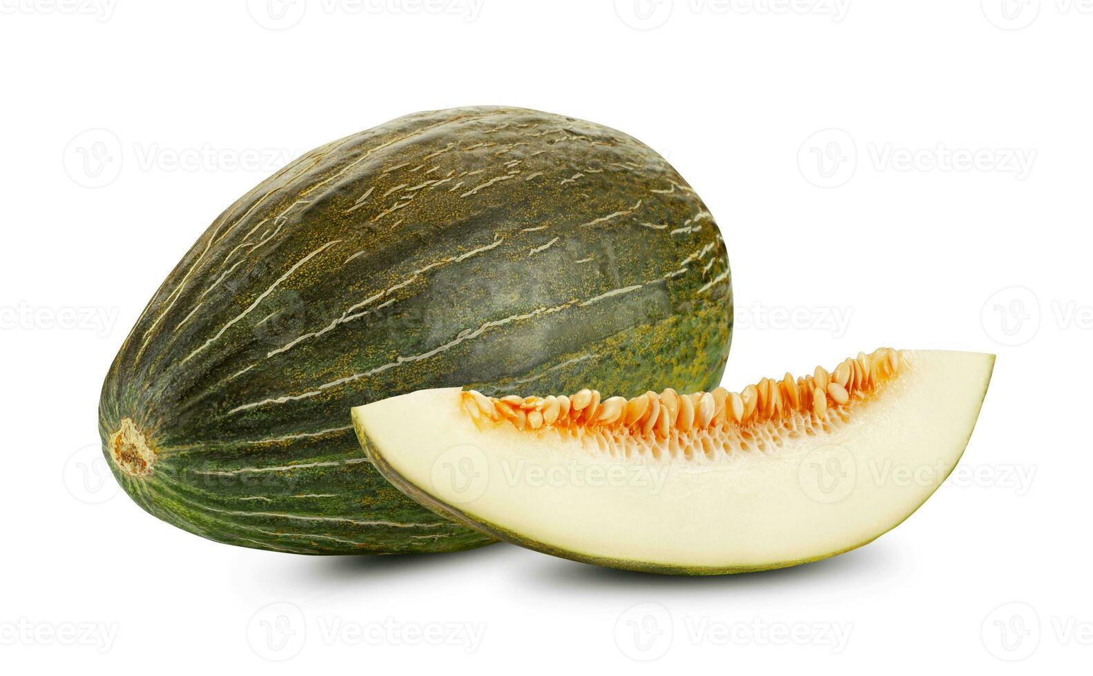 Delicious green tendral melon in cross-section, isolated on white background with copy space for text or images. Side view. Close-up shot. photo