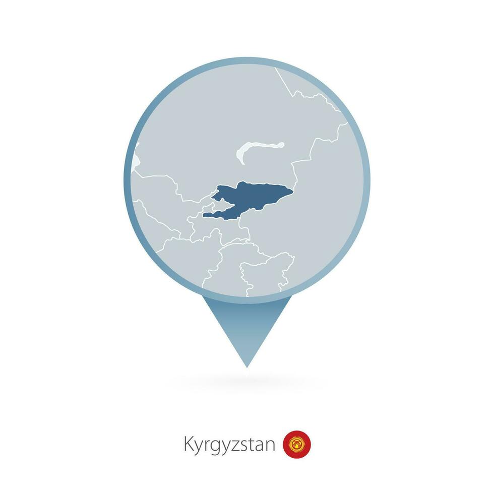 Map pin with detailed map of Kyrgyzstan and neighboring countries. vector