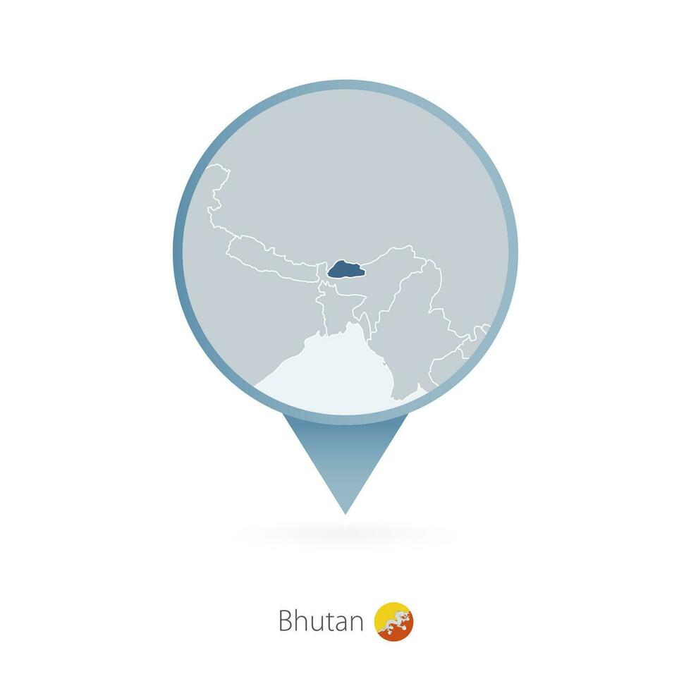 Map pin with detailed map of Bhutan and neighboring countries. vector