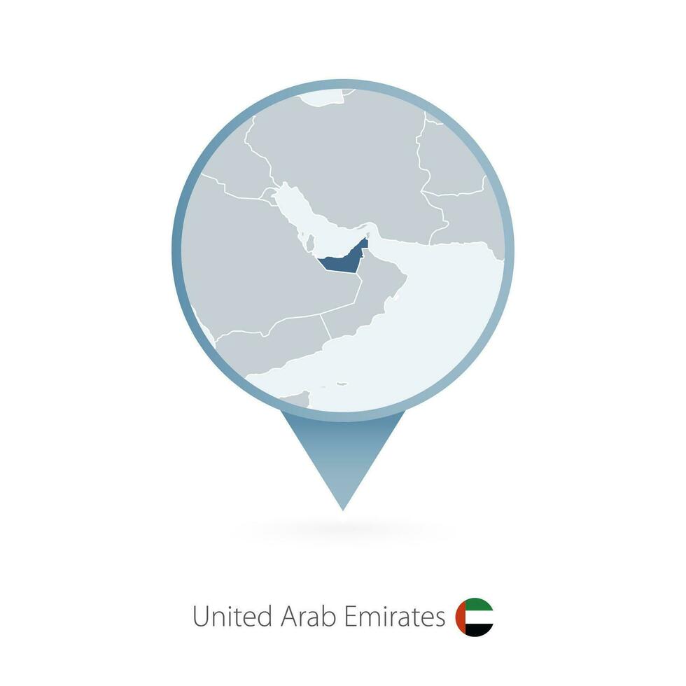 Map pin with detailed map of United Arab Emirates and neighboring countries. vector