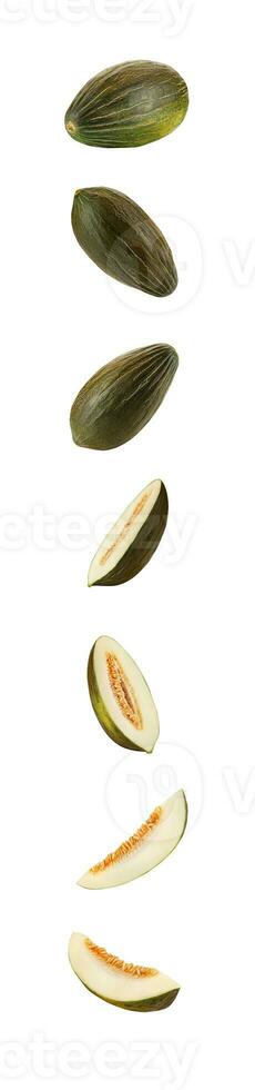 Set of delicious green tendral melons in cross-section, isolated on white background with copy space for text or images. Side view. Close-up shot. photo