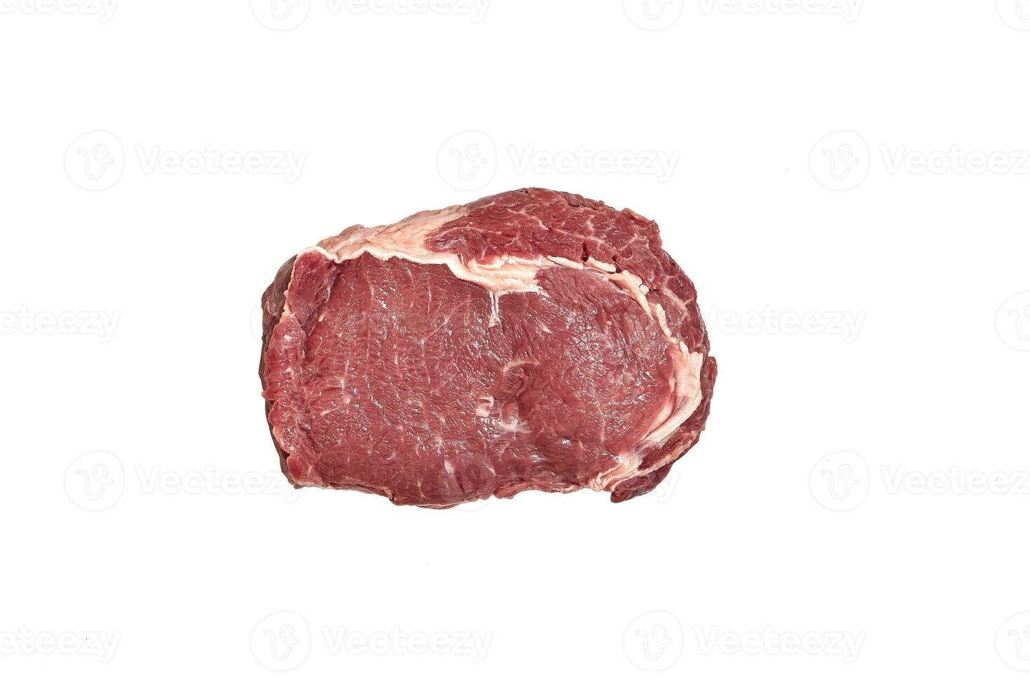 Fresh raw beef steak isolated on white background, top view. photo