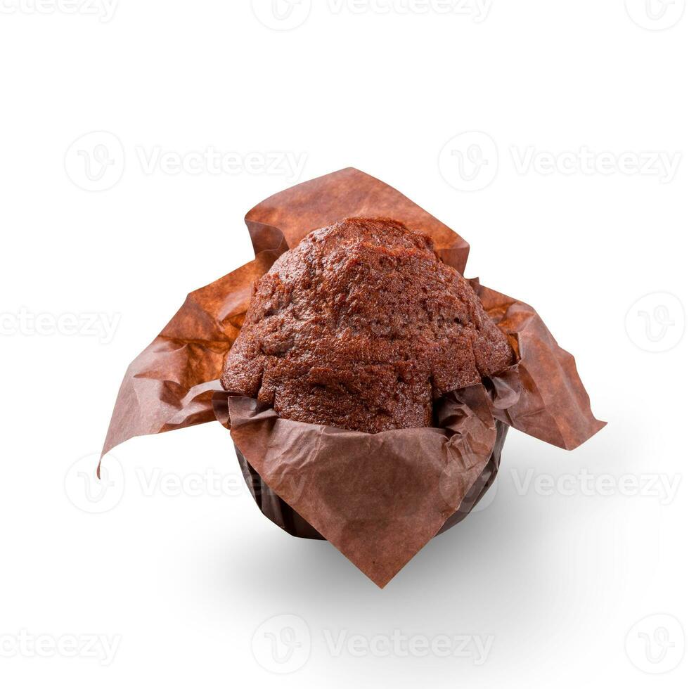 Delicious chocolate muffin on white background. Fresh chocolate cakes in decorative paper. photo