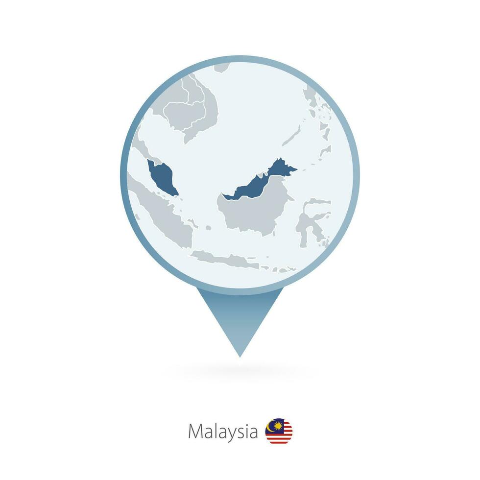 Map pin with detailed map of Malaysia and neighboring countries. vector