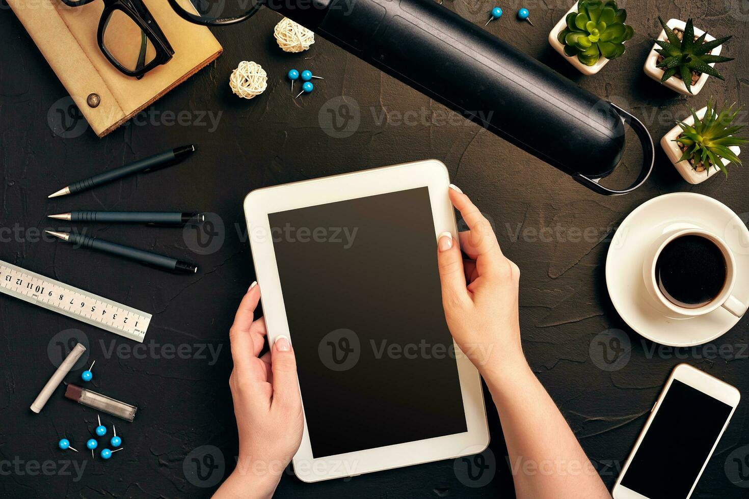 Architect working on blueprint. Architects workplace - architectural project, blueprints, tablet pc. Engineering tools. Top view photo