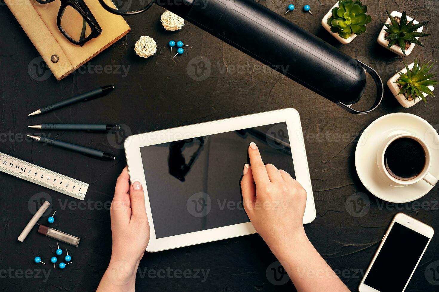 Architect working on blueprint. Architects workplace - architectural project, blueprints, tablet pc. Engineering tools. Top view photo