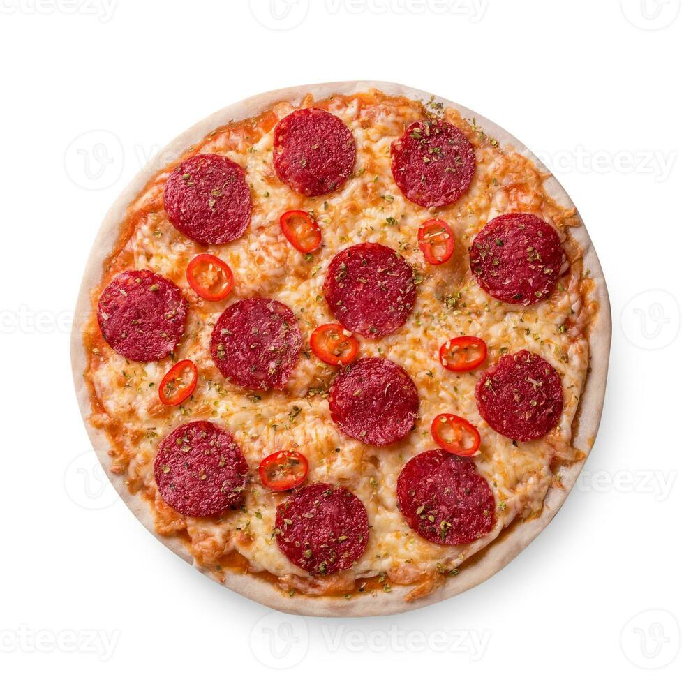Thinly sliced pepperoni is a popular pizza topping in Americanstyle pizzerias 34244806 Stock