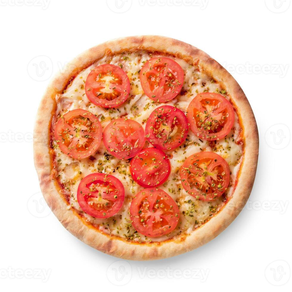 Pizza with cheese and tomato isolated on white background. Pizza margarita top view. photo