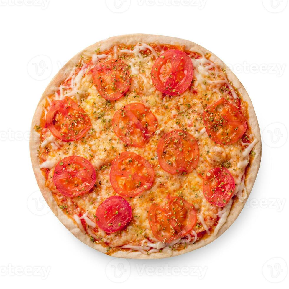 Pizza with cheese and tomato isolated on white background. Pizza margarita top view. photo