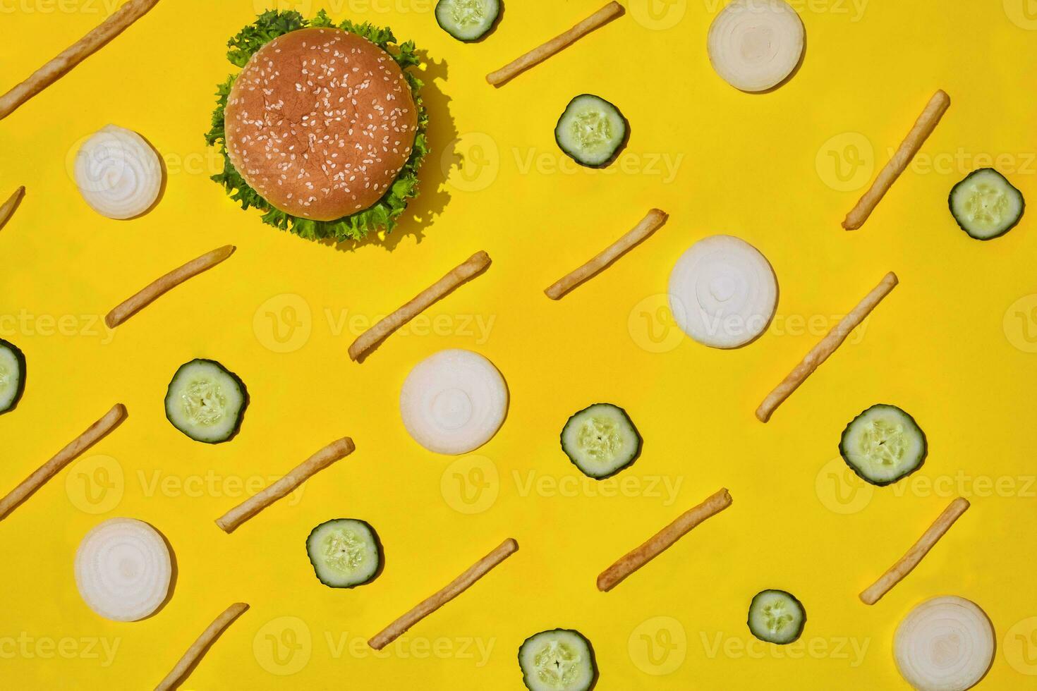 Design concept of mockup burger and french fries set on yellow background. photo