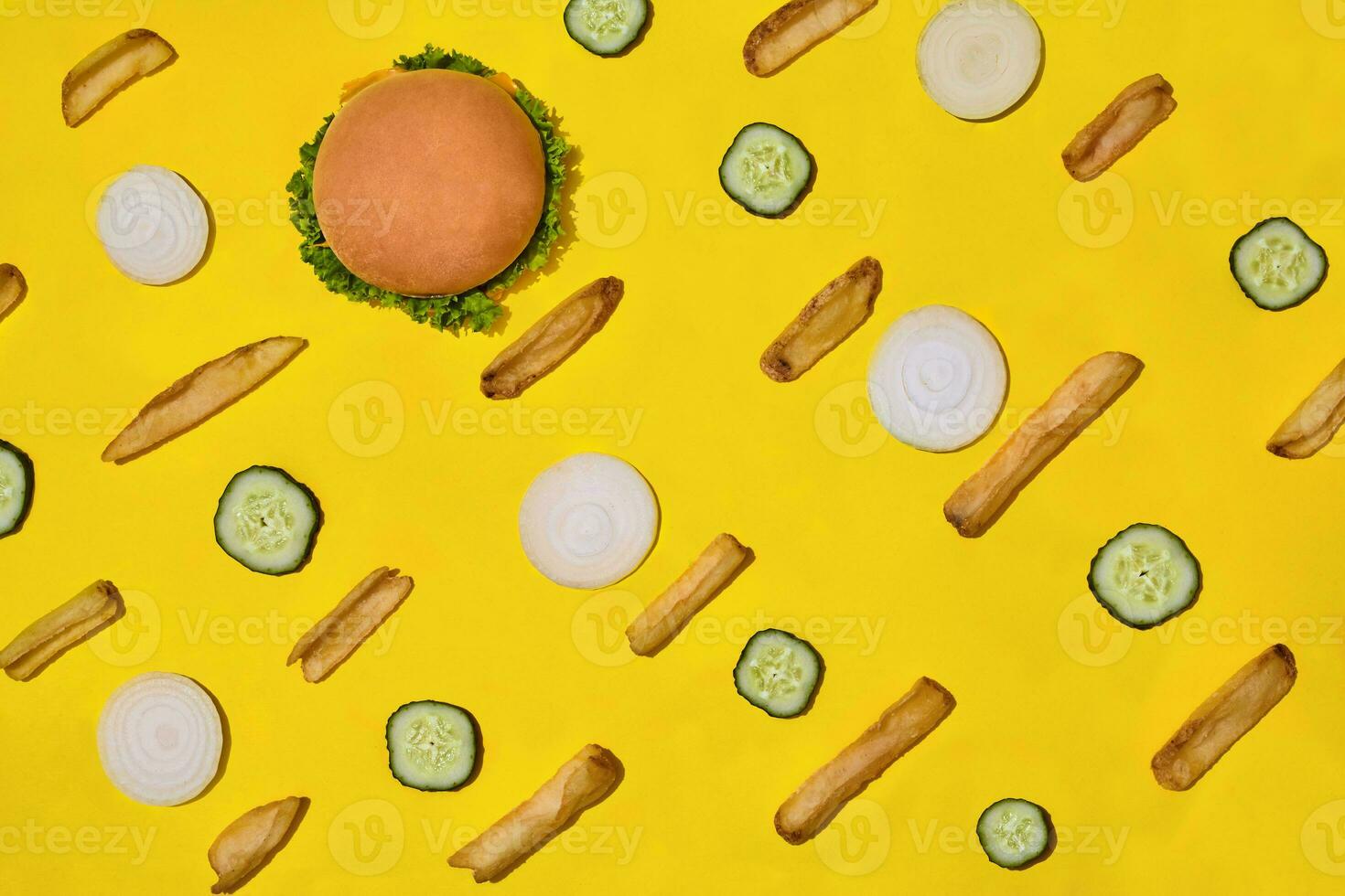 Design concept of mockup burger and french fries set on yellow background. photo