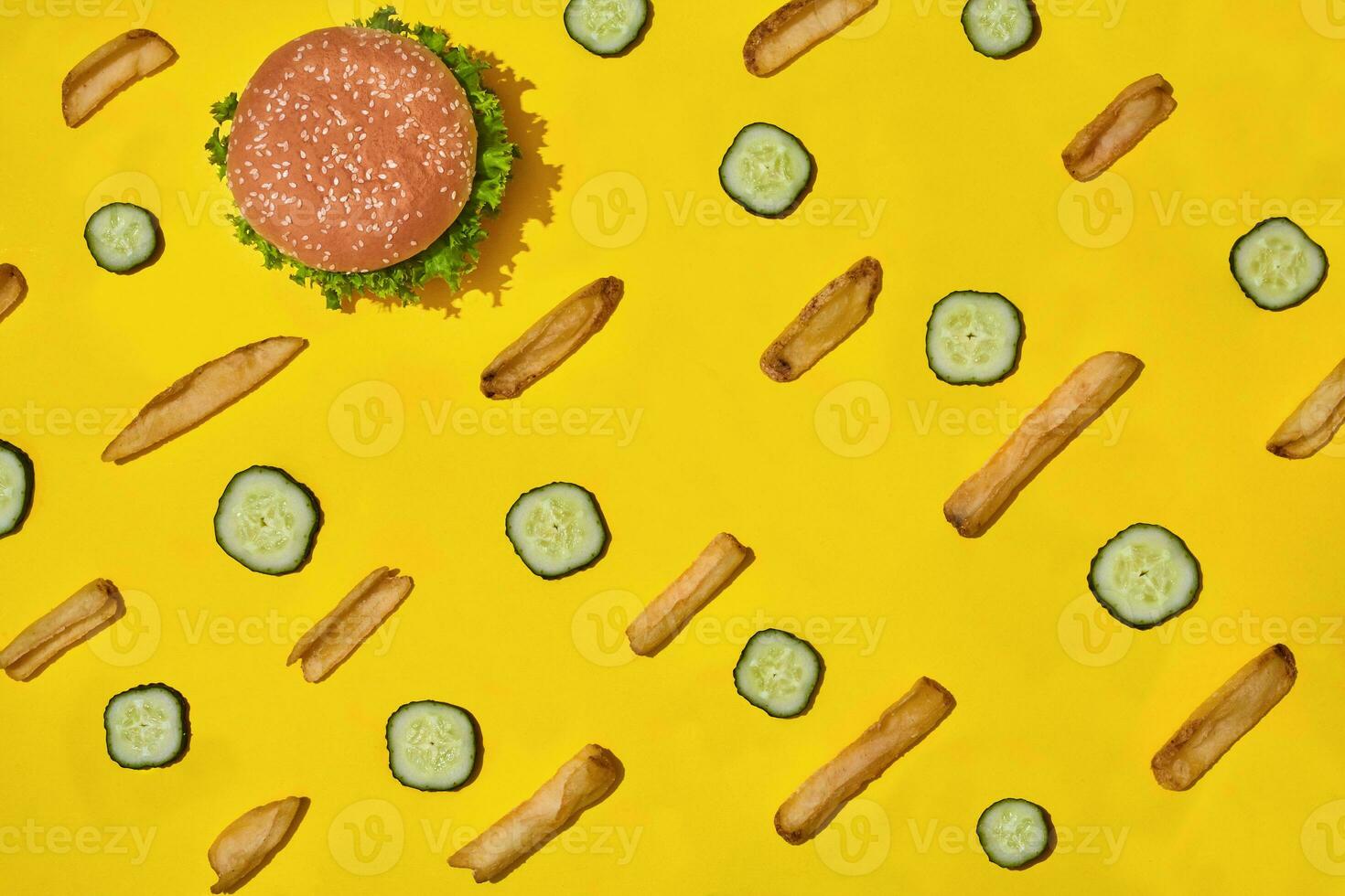 Design concept of mockup burger and french fries set on yellow background. photo