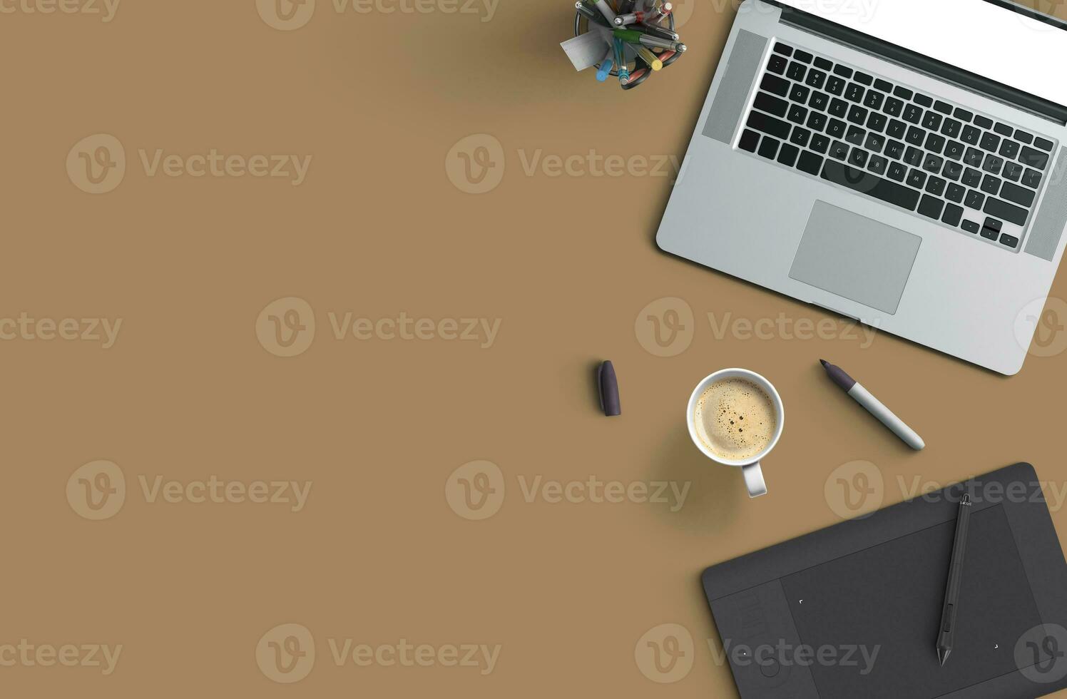 Office desk table with laptop computer, smartphone with black screen over a notebook and cup of coffee. Top view. photo