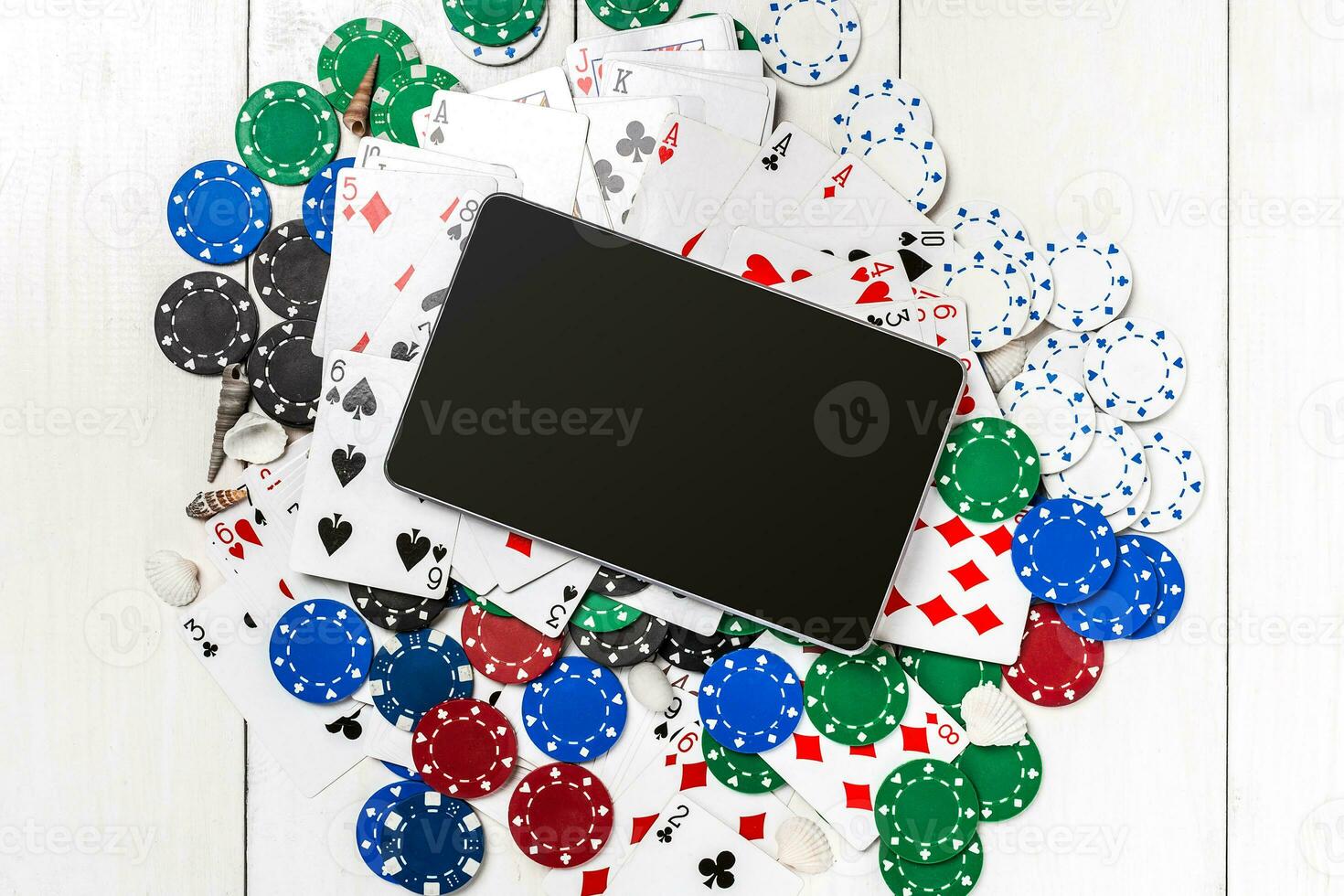 Post blog social media poker. Banner template layout mockup for online casino. Wooden white table, top view on workplace. photo