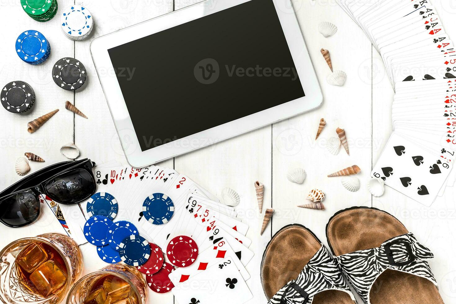 Post blog social media poker. Banner template layout mockup for online casino. Wooden white table, top view on workplace. photo