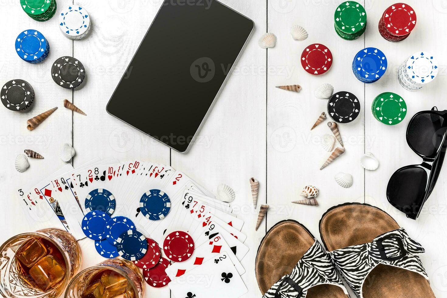 Post blog social media poker. Banner template layout mockup for online casino. Wooden white table, top view on workplace. photo