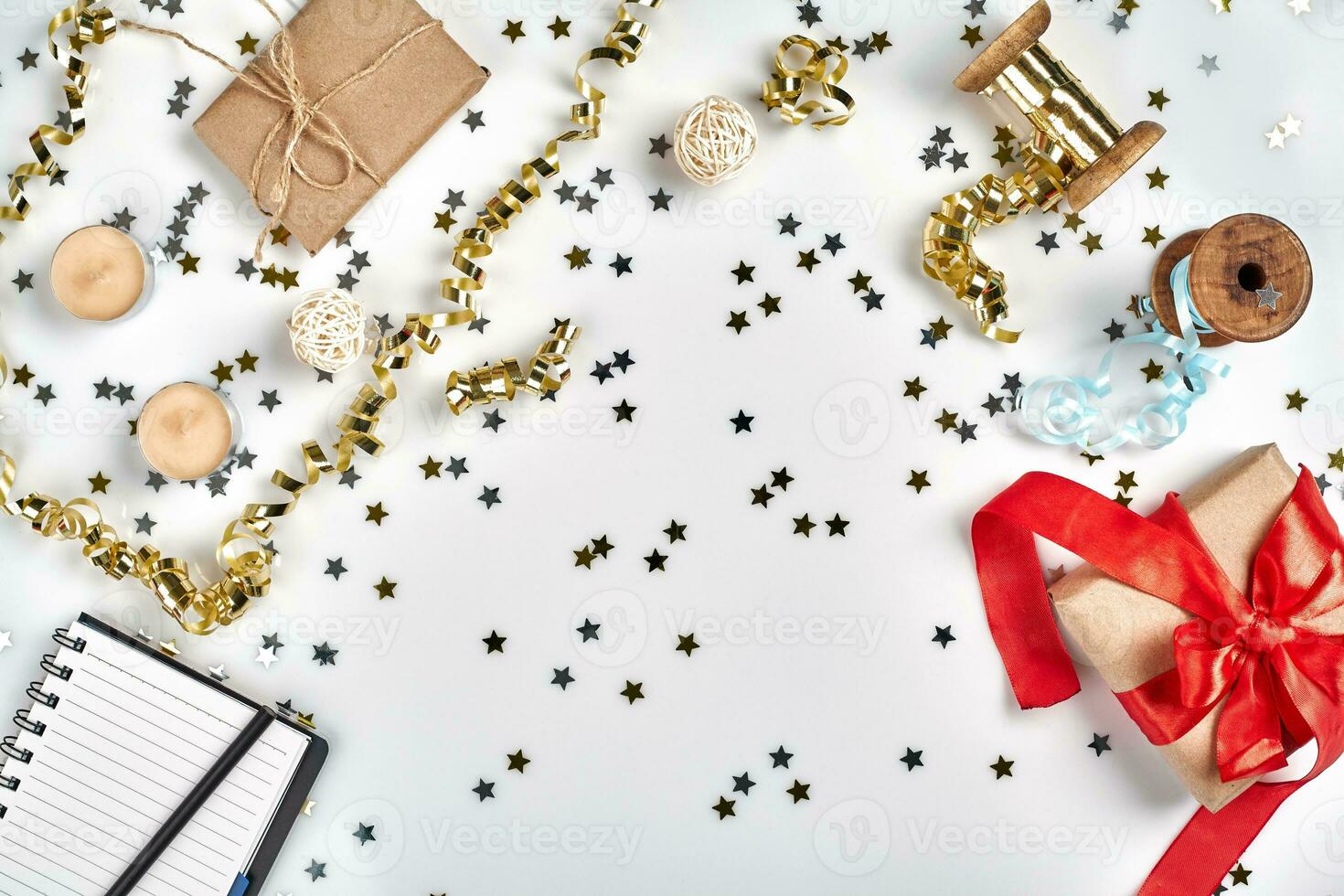 Christmas or New Year planning background in Gold Tones. Prepare to winter holidays. Top view, flat lay. photo