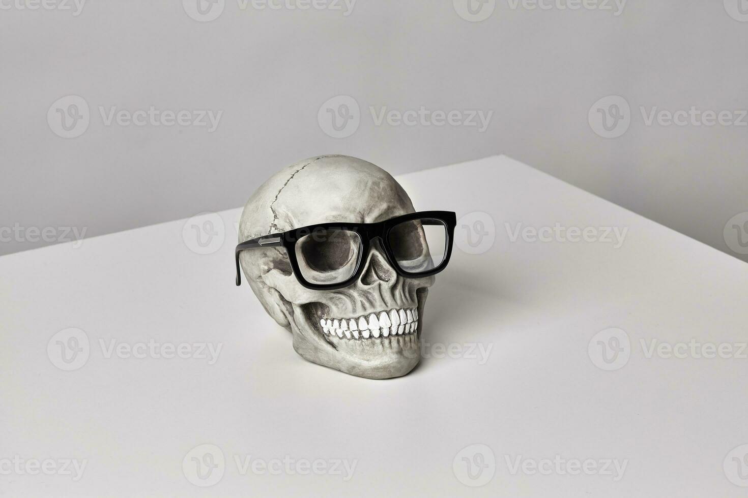 Realistic model of a human skull with teeth in a black-framed classic glasses on a light table, white background. Halloween horror concept. photo