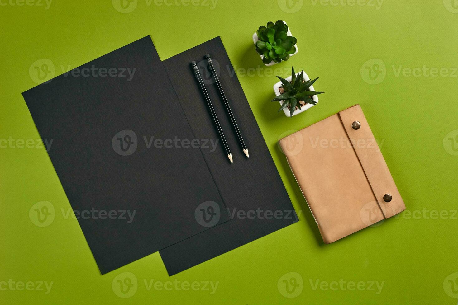 Top view in focus with different office equipment, supplies, stationery. Green background with copy space. Education, workplace concept. Close-up. photo