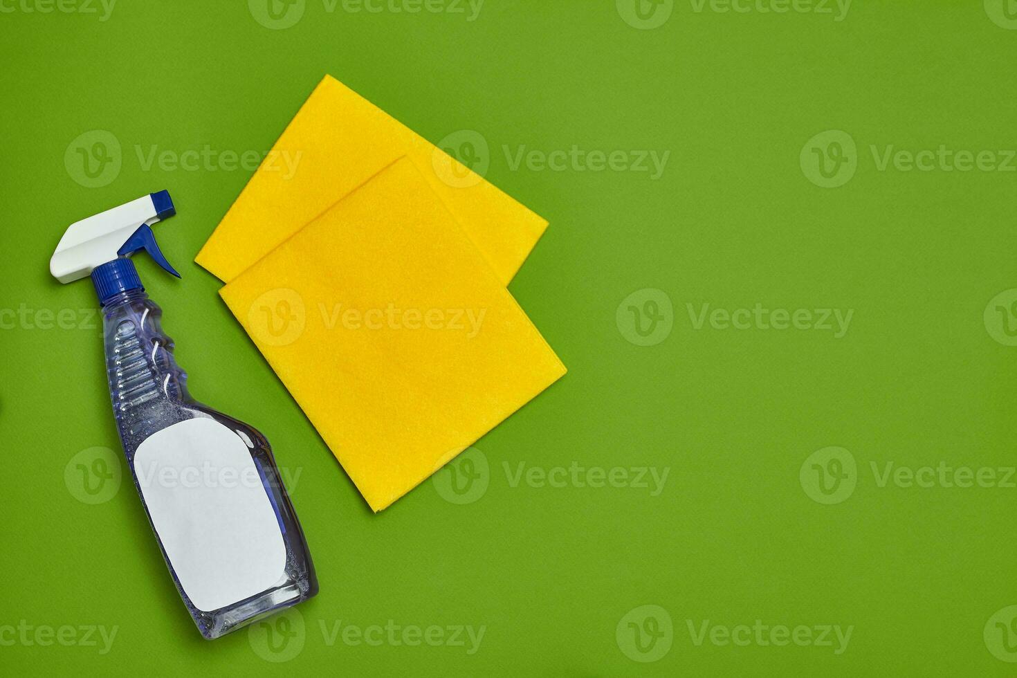 Detergents and cleaning accessories on a green background. Housekeeping concept. photo