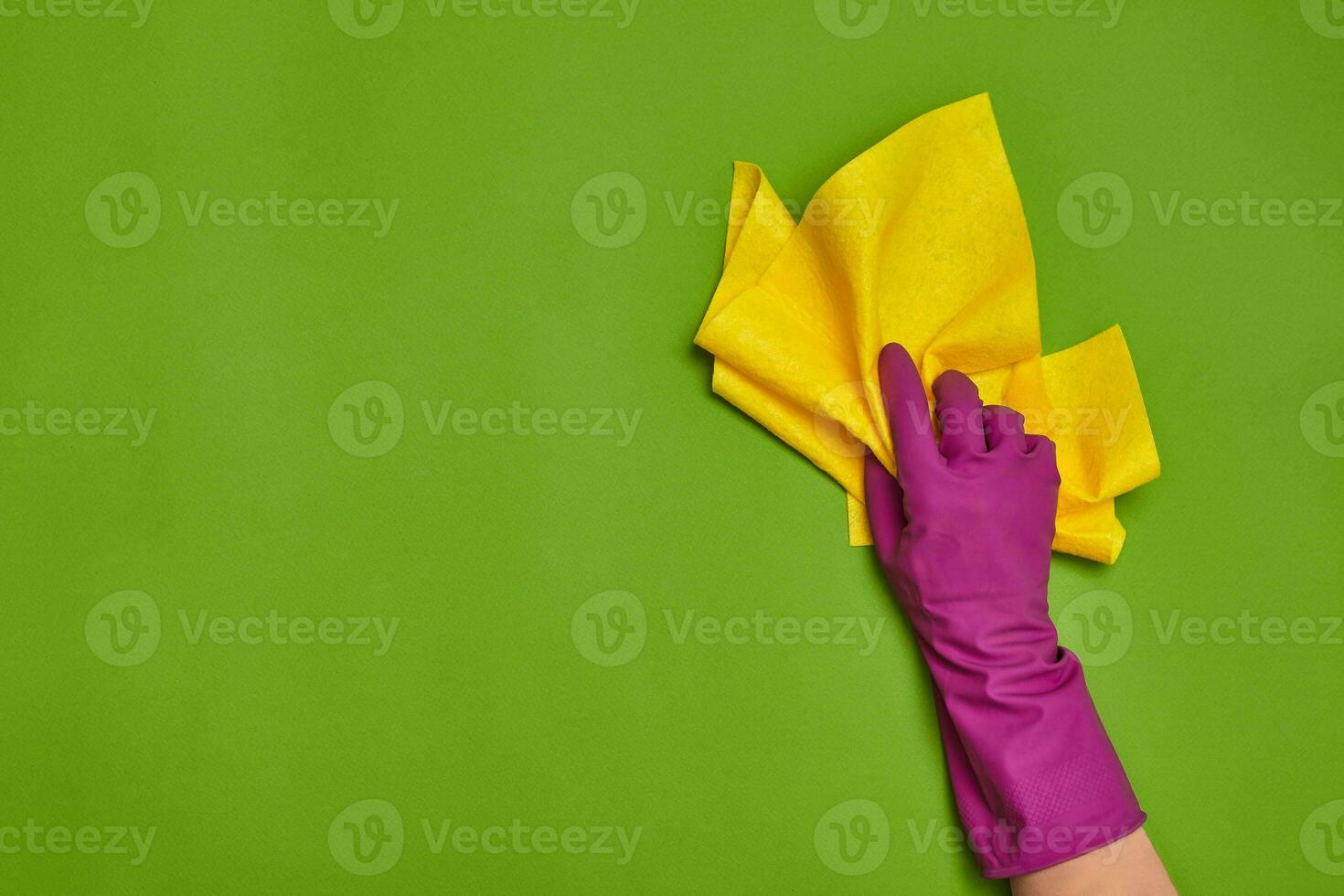 Detergents and cleaning accessories on a green background. Housekeeping concept. photo