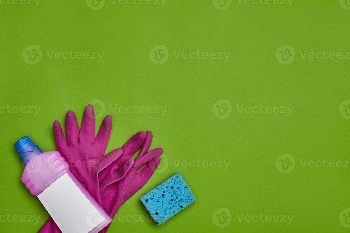 Detergents and cleaning accessories on a green background. Housekeeping concept. photo