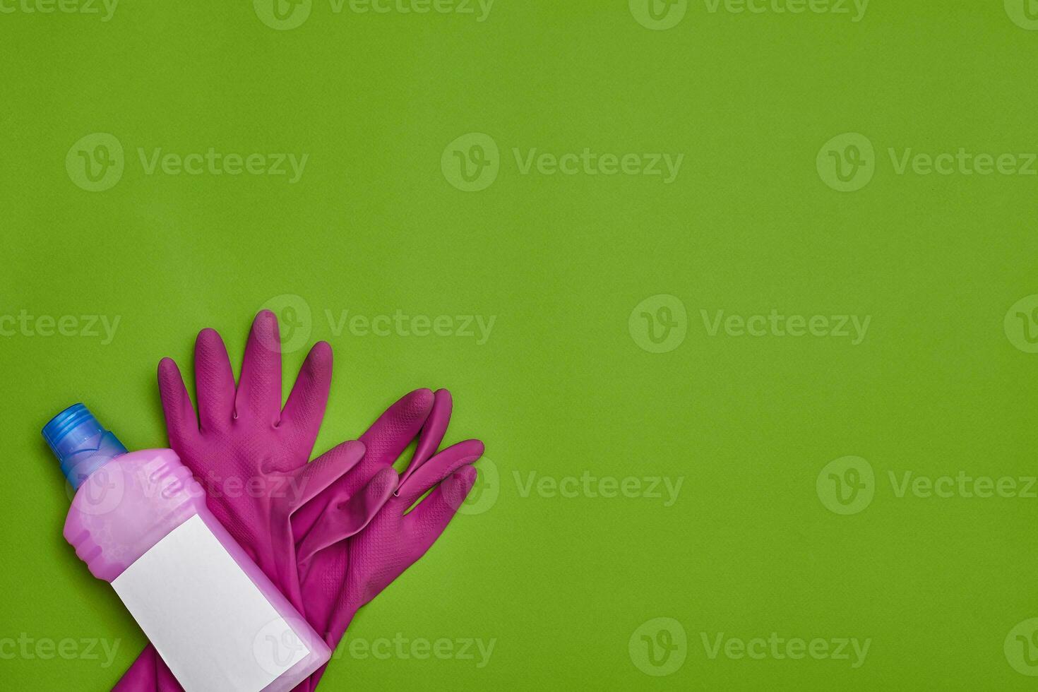 Detergents and cleaning accessories on a green background. Housekeeping concept. photo