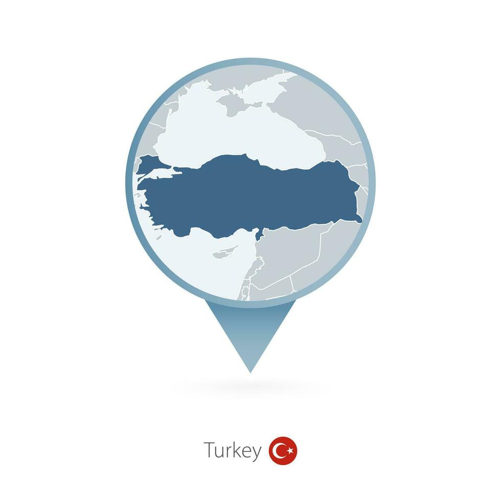Map pin with detailed map of Turkey and neighboring countries. vector