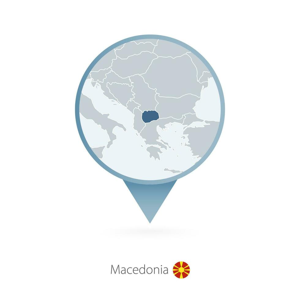 Map pin with detailed map of Macedonia and neighboring countries. vector