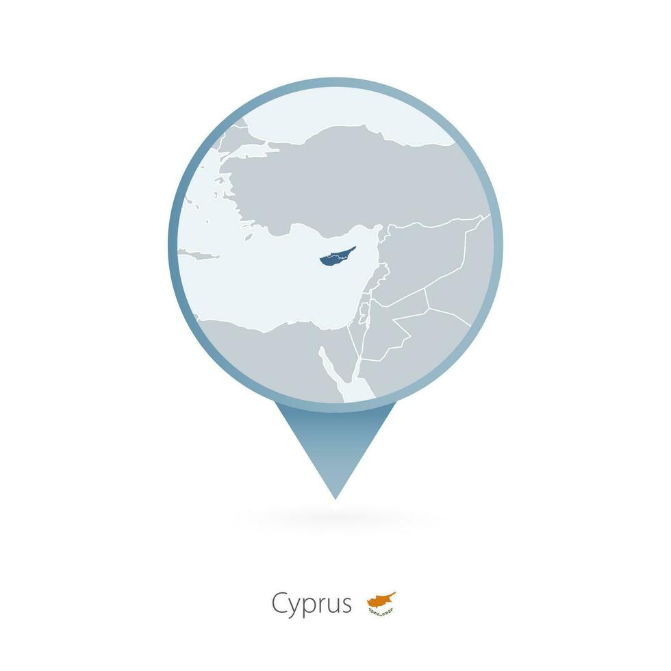 Map pin with detailed map of Cyprus and neighboring countries. vector