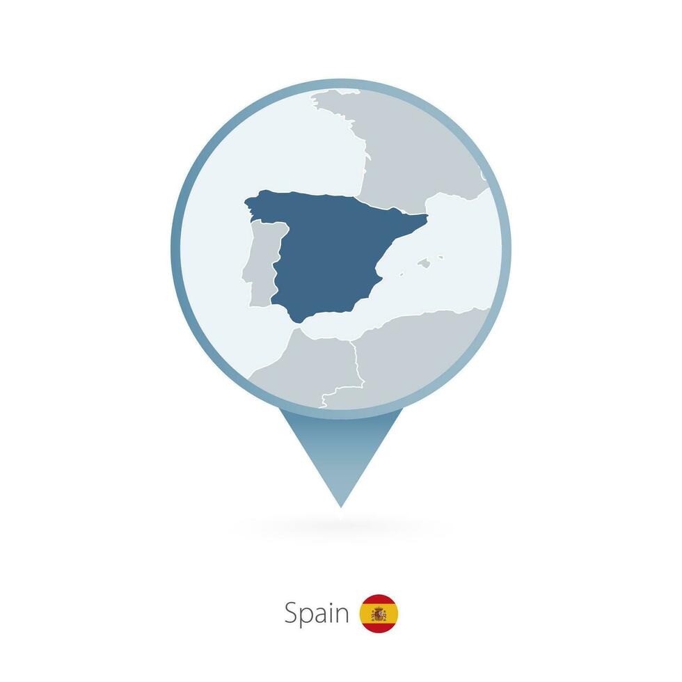 Map pin with detailed map of Spain and neighboring countries. vector