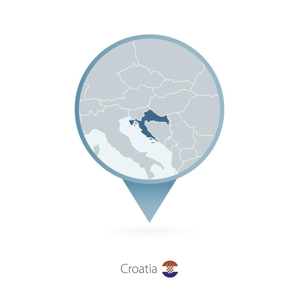 Map pin with detailed map of Croatia and neighboring countries. vector