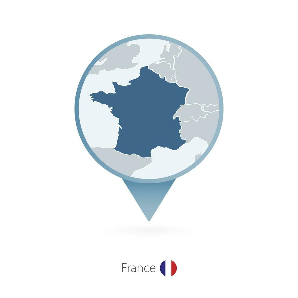 Map pin with detailed map of France and neighboring countries. vector