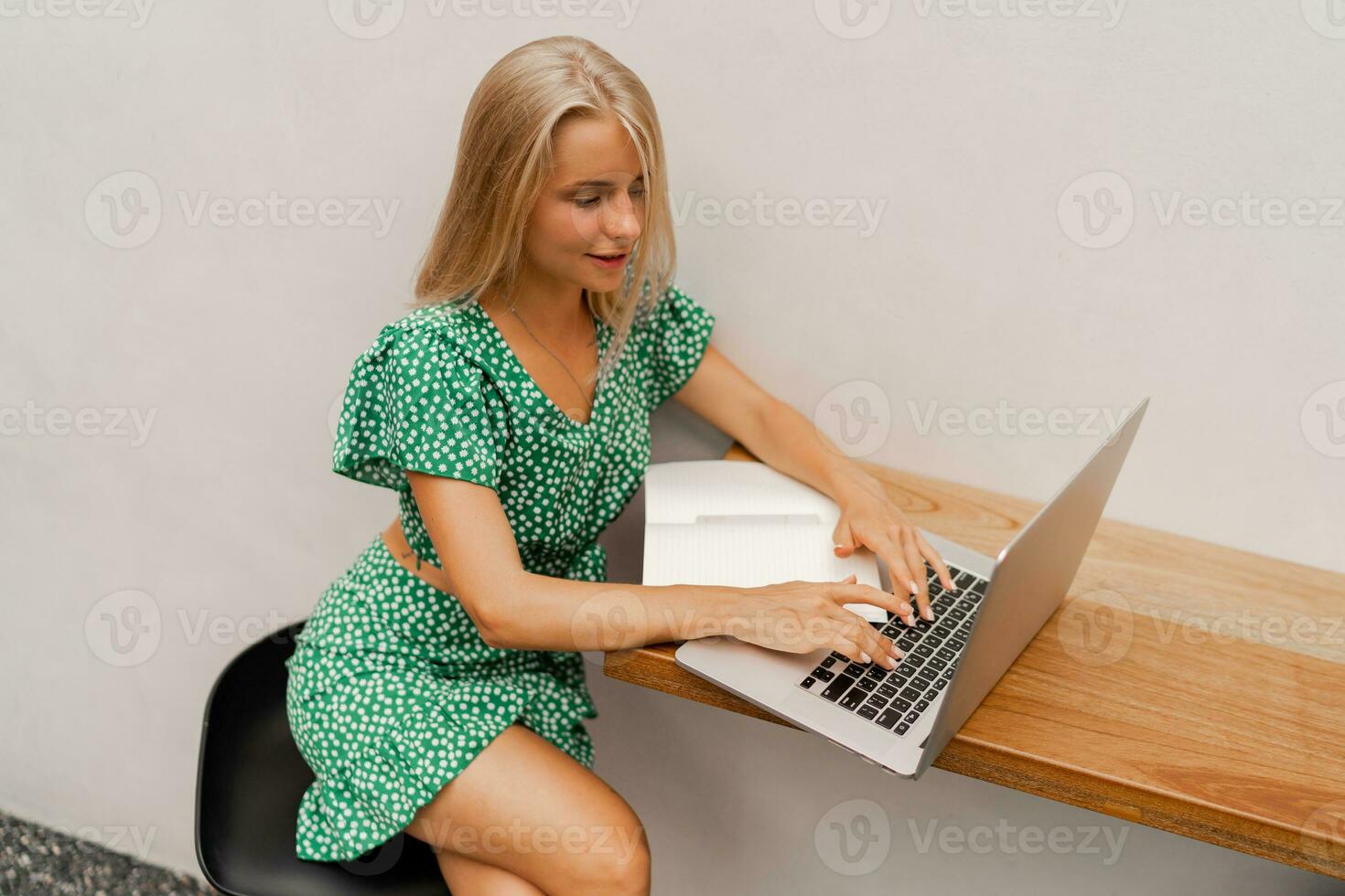 Pretty blond woman using lap top, making notes photo